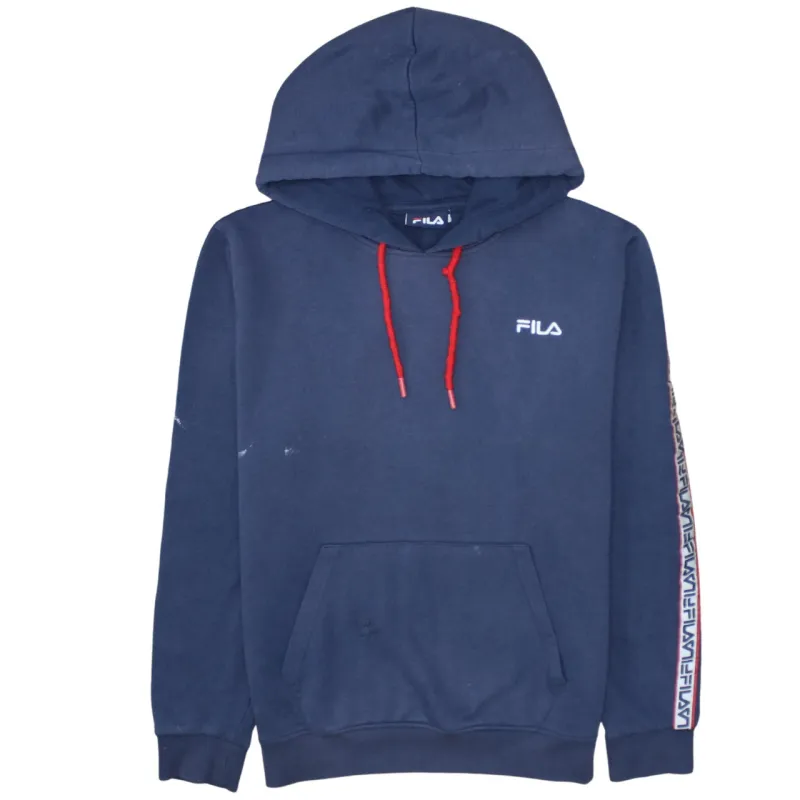 Fila Navy Blue Hoodie Men's Medium Embroidered Logo Tape Sleeve Red Drawstring Sweatshirt sold by Vintage Club