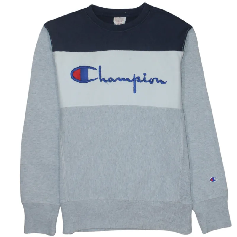 Champion Grey Navy Sweatshirt Women's Medium Embroidered Script Logo Colour Block Pullover Jumper sold by Vintage Club