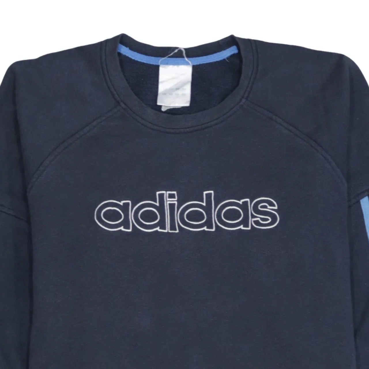 Adidas Navy Blue Sweatshirt Women's Large Embroidered Logo Three Stripe Sleeves Pullover Top sold by Vintage Club product image thumbnail 3