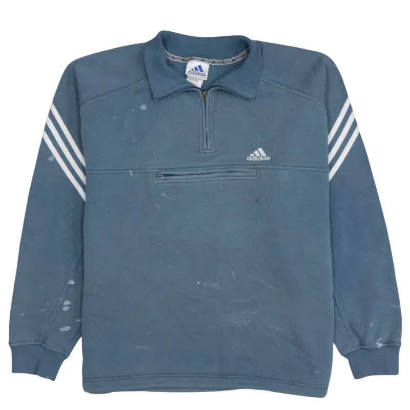 Adidas Blue Quarter Zip Sweatshirt Men's Large Embroidered Logo Three Stripe Sleeve Pullover Top sold by Vintage Club