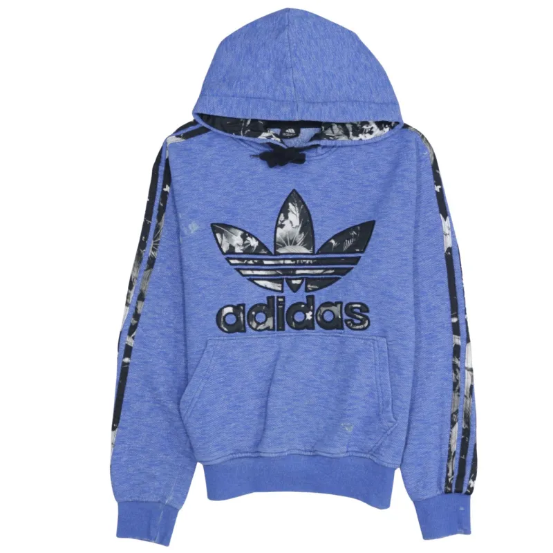 Adidas Blue Hoodie Women’s Large Trefoil Printed Logo Floral Stripe Sleeves Sweatshirt sold by Vintage Club