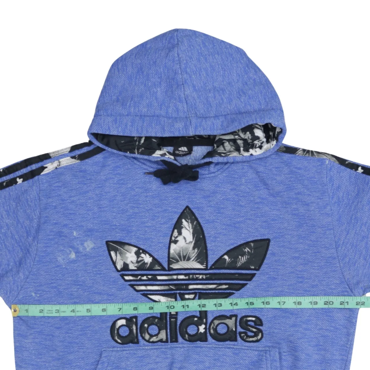 Adidas Blue Hoodie Women’s Large Trefoil Printed Logo Floral Stripe Sleeves Sweatshirt sold by Vintage Club product image thumbnail 5