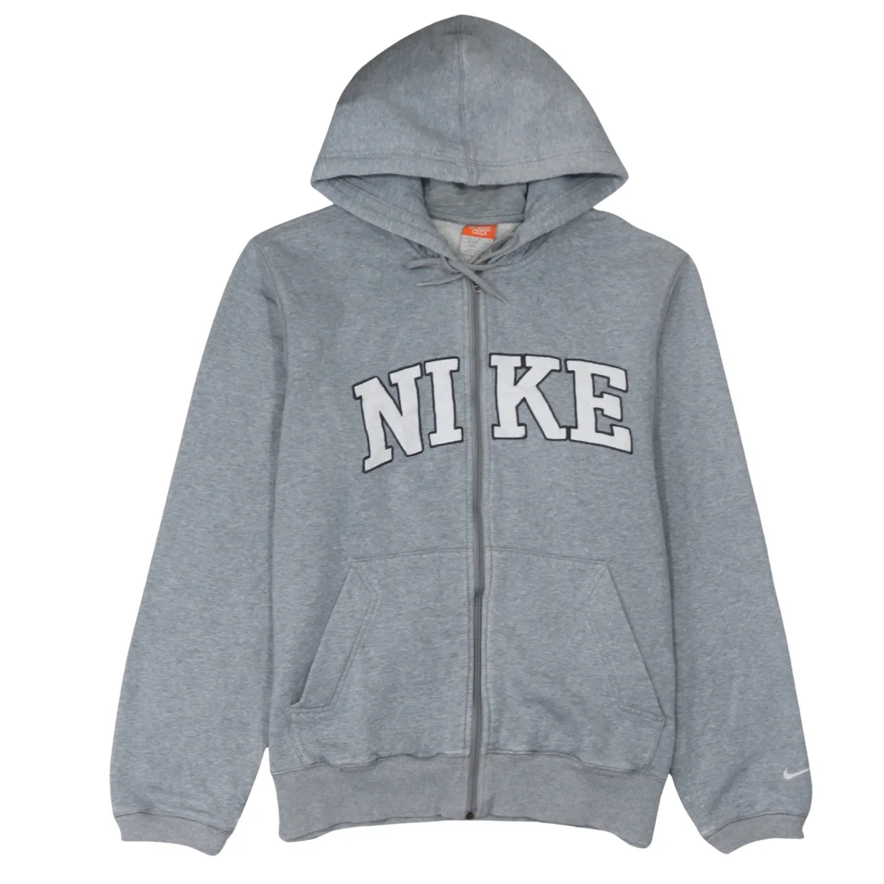 Nike Grey Full Zip Hoodie Men's Medium Printed Logo Split Pocket Fleece Sweatshirt sold by Vintage Club