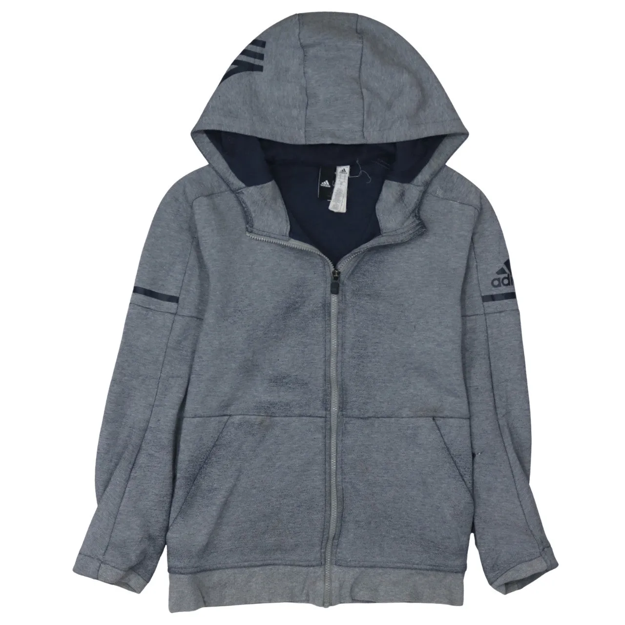 Adidas Grey Full Zip Hoodie Men's Medium Printed Logo Three Stripe Sleeve Casual Sweatshirt sold by Vintage Club