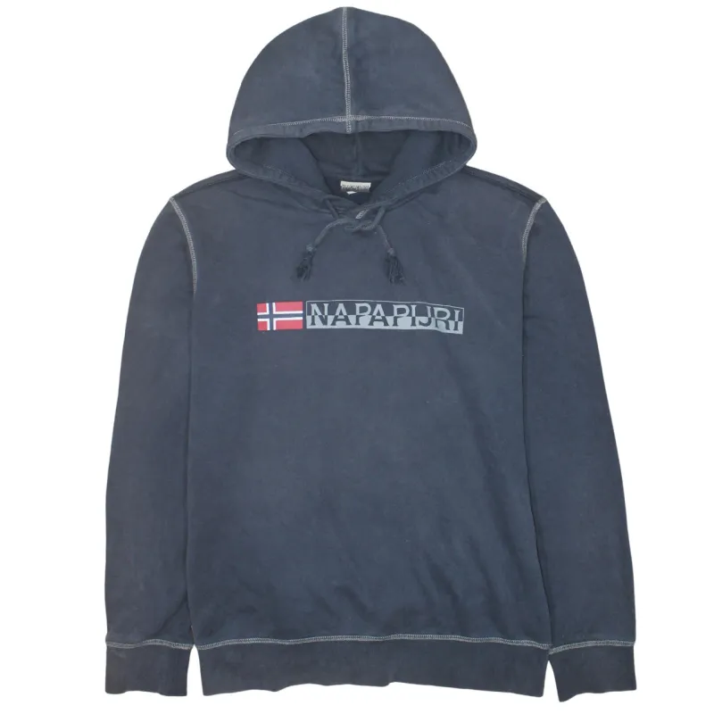 Napapijri Navy Blue Hoodie Men's Large Printed Logo Drawstring Hood Pullover Sweatshirt sold by Vintage Club