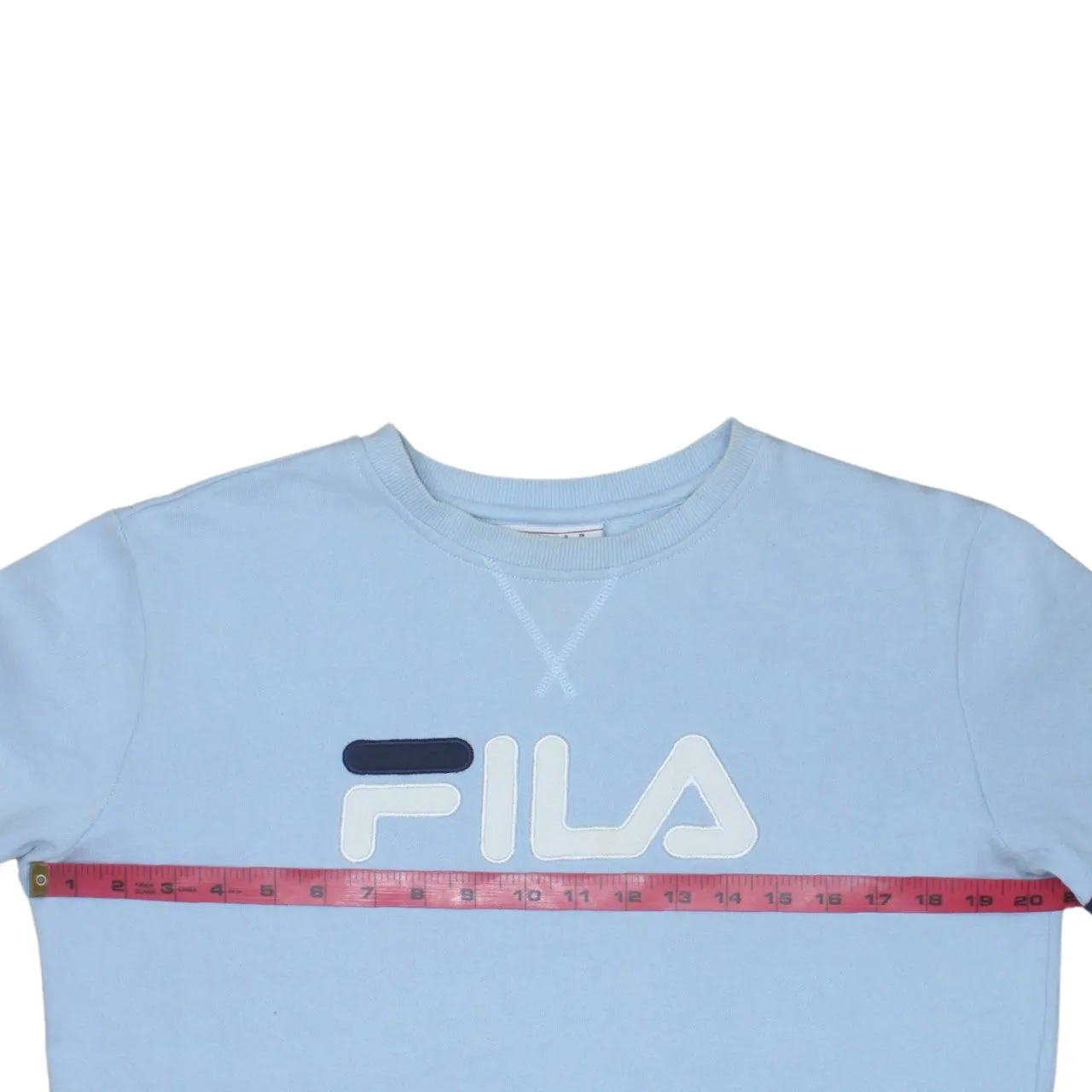 Fila Light Blue Sweatshirt Women's Medium Embroidered Logo Stripe Sleeves Crewneck Pullover sold by Vintage Club product image thumbnail 5
