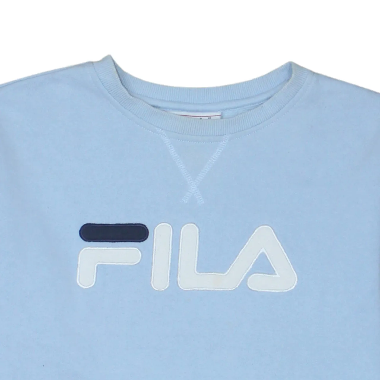 Fila Light Blue Sweatshirt Women's Medium Embroidered Logo Stripe Sleeves Crewneck Pullover sold by Vintage Club product image thumbnail 3