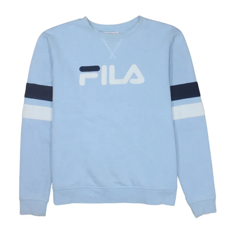 Fila Light Blue Sweatshirt Women's Medium Embroidered Logo Stripe Sleeves Crewneck Pullover made by Fila