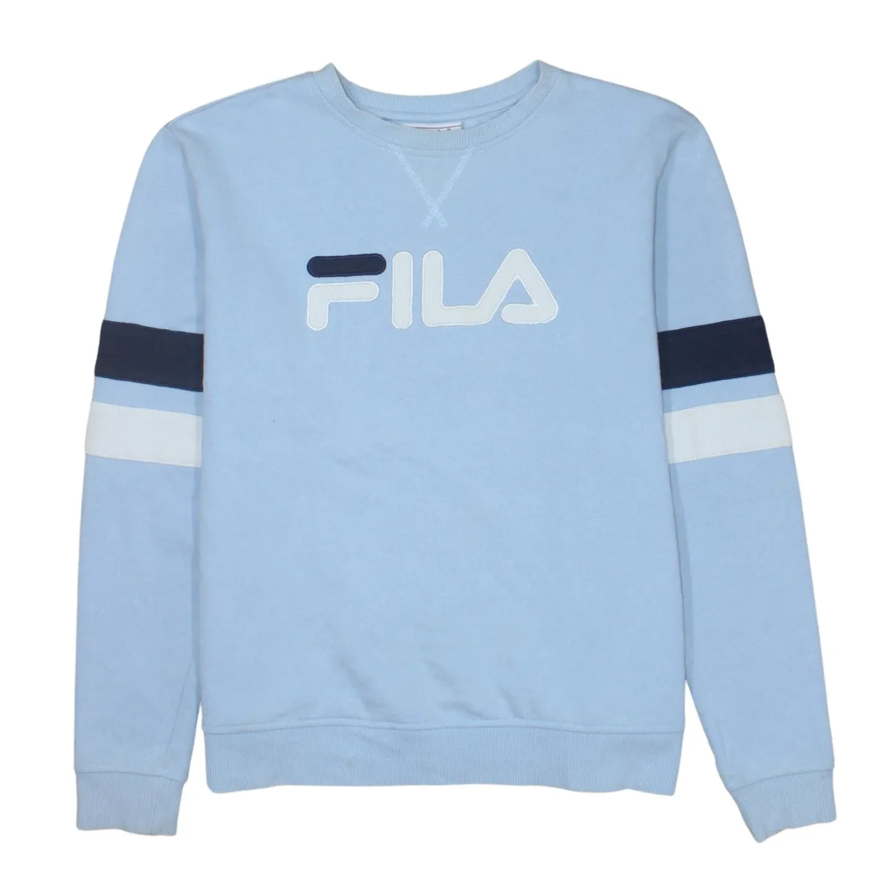 Fila Light Blue Sweatshirt Women's Medium Embroidered Logo Stripe Sleeves Crewneck Pullover sold by Vintage Club