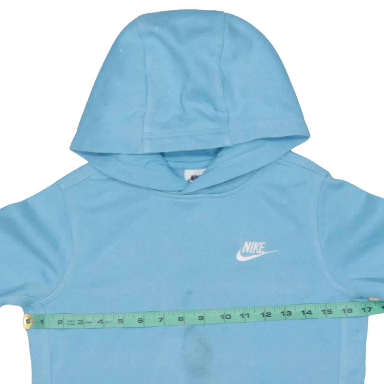 Nike Light Blue Hoodie Women’s Medium Printed Swoosh Logo Front Pouch Pullover Sweatshirt sold by Vintage Club product image thumbnail 5