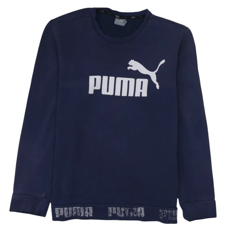 Puma Navy Blue Sweatshirt Men’s Medium Printed Logo Crewneck Ribbed Hem Pullover Top sold by Vintage Club