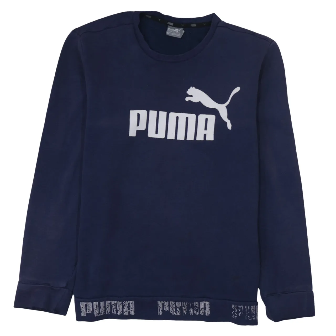 Puma Navy Blue Sweatshirt Men’s Medium Printed Logo Crewneck Ribbed Hem Pullover Top sold by Vintage Club