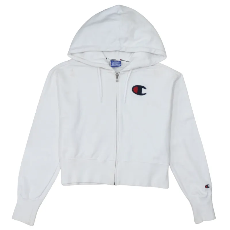 Champion White Zip Hoodie Women’s XSmall Embroidered C Logo Drawstring Hood Sweatshirt sold by Vintage Club