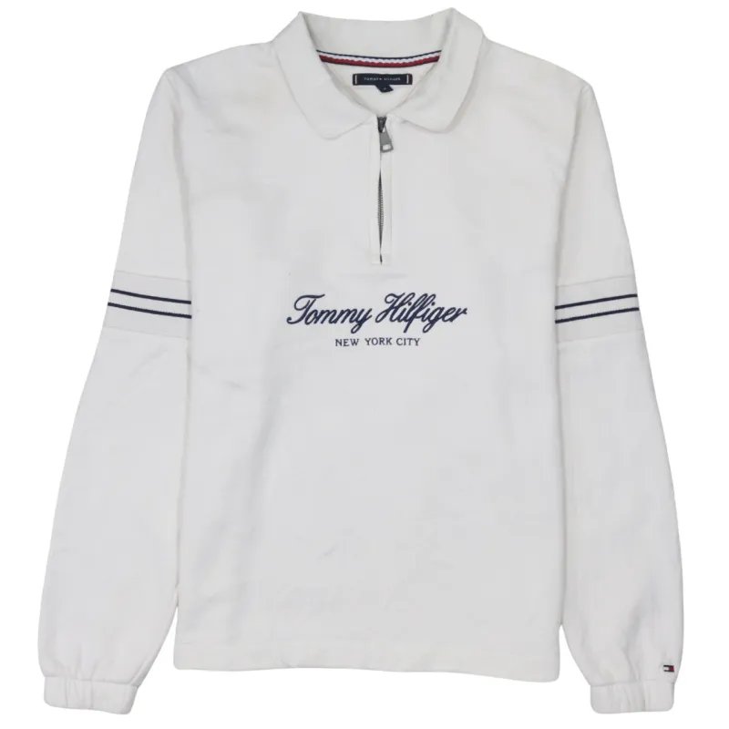 Tommy Hilfiger Cream Quarter Zip Sweatshirt Men's Medium Embroidered Logo Stripe Sleeves Pullover Top made by Tommy Hilfiger