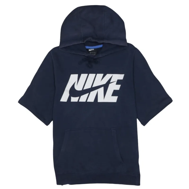 Nike Navy Blue Short Sleeve Hoodie Men's Small Printed Logo Front Pocket Pullover Sweatshirt made by Nike