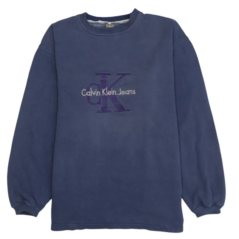 Calvin Klein Navy Blue Sweatshirt Women’s 2XL Embroidered CK Jeans Logo Fleece Pullover Top sold by Vintage Club