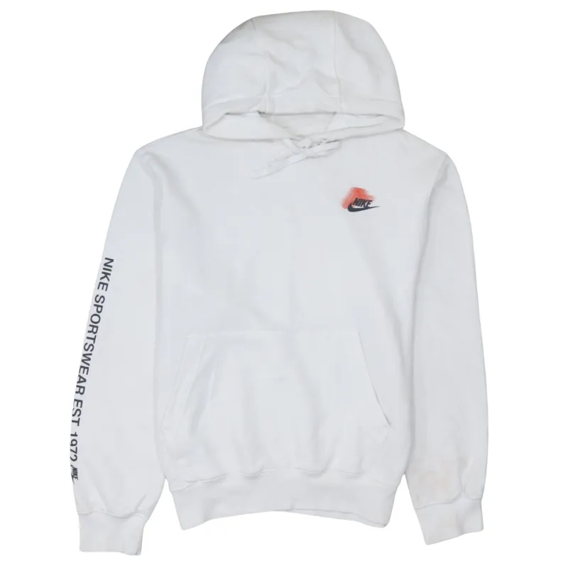 Nike White Hoodie Men’s Small Printed Swoosh Logo Graphic Sleeve Text Pullover Sweatshirt made by Nike