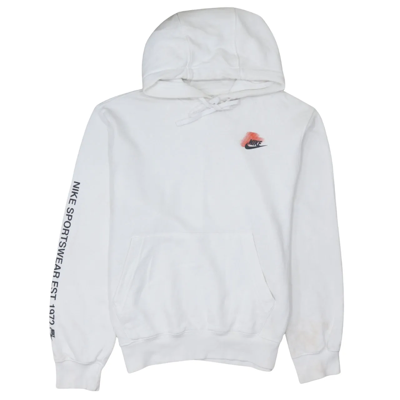 Nike White Hoodie Men’s Small Printed Swoosh Logo Graphic Sleeve Text Pullover Sweatshirt sold by Vintage Club