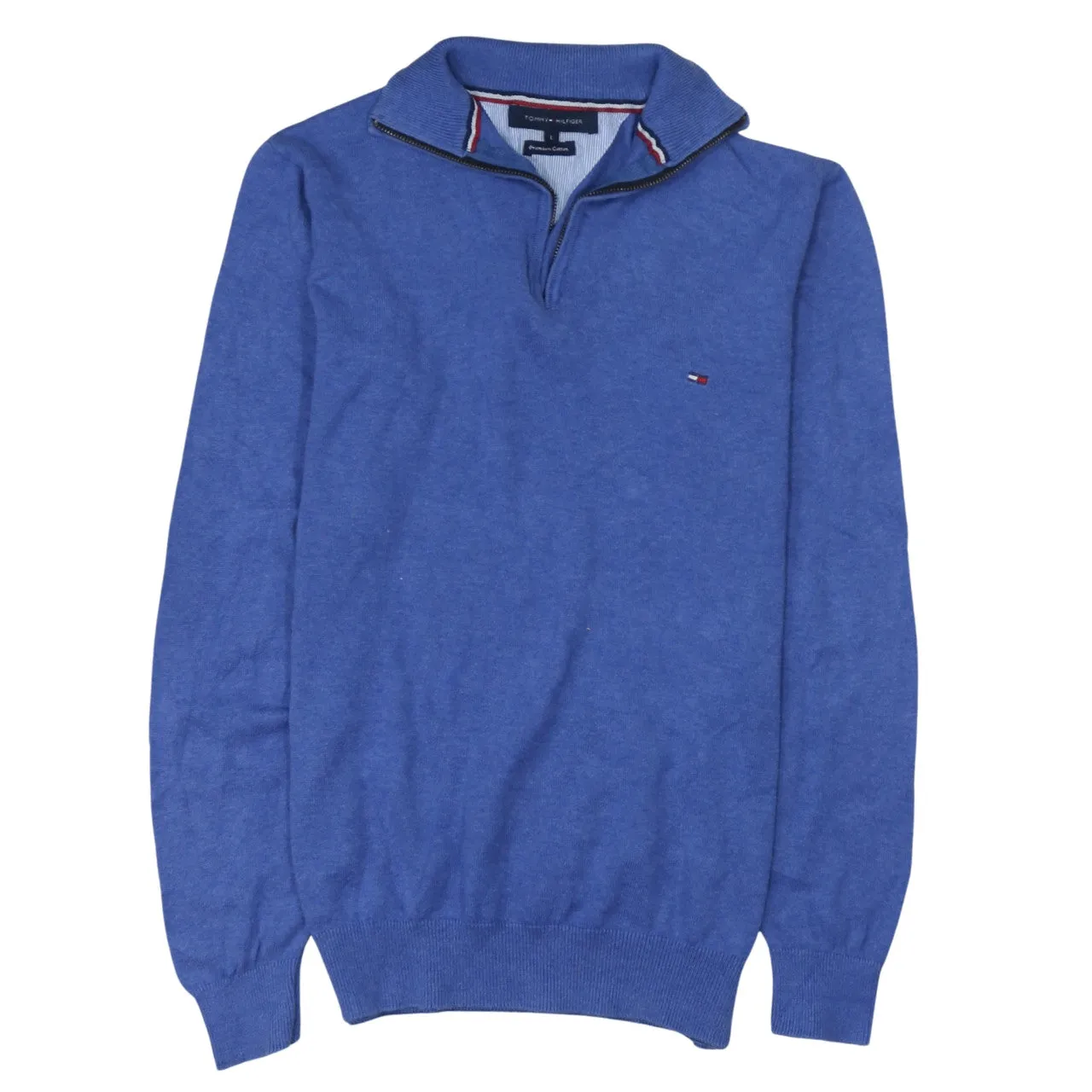 Tommy Hilfiger Blue Quarter Zip Jumper Women’s Large Embroidered Flag Logo Knit Sweater sold by Vintage Club