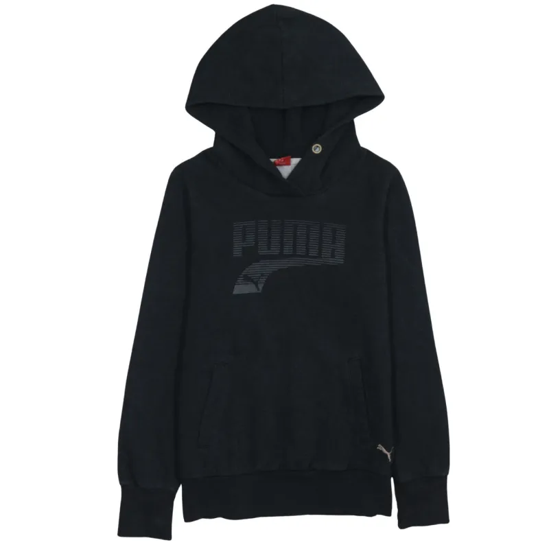Puma Black Hoodie Women’s Small Printed Logo Front Pouch Pocket Pullover Sweatshirt sold by Vintage Club
