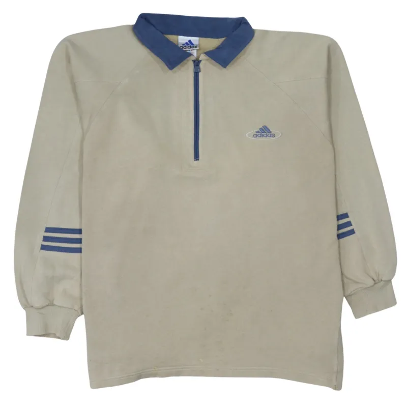 Adidas Beige Cream Sweatshirt Men's Large Half Zip Blue Collar Embroidered Logo Top made by Adidas