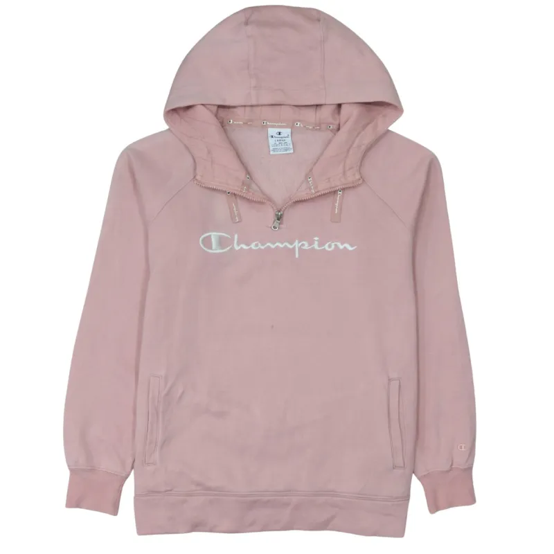 Champion Pink Half Zip Hoodie Women’s Large Embroidered Script Logo Front Pockets Sweatshirt made by Champion