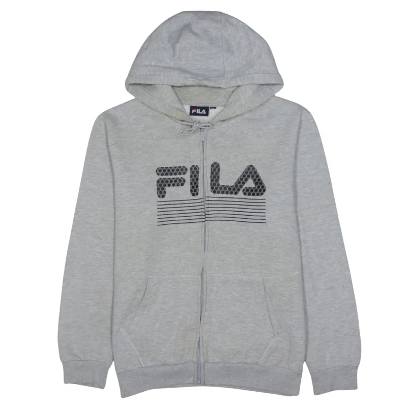 Fila Grey Zip Hoodie Men's Large Printed Logo Split Pocket Fleece Lined Sweatshirt sold by Vintage Club