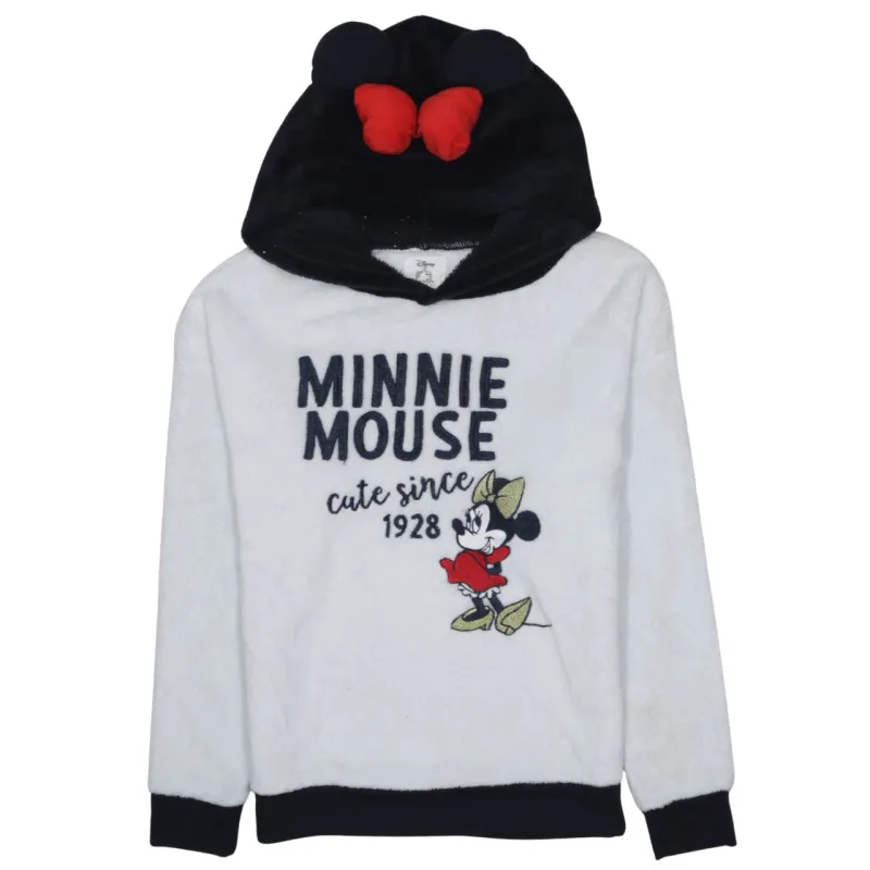 Disney White Fleece Hoodie Women's Small Minnie Mouse Embroidered Graphic Novelty Hood Sweatshirt sold by Vintage Club