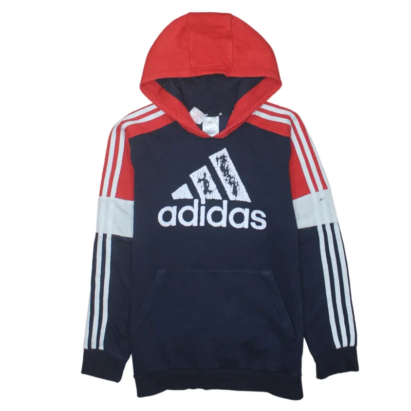 Adidas Navy Red Hoodie Men's Large Printed Logo Three Stripe Sleeves Pullover Sweatshirt sold by Vintage Club