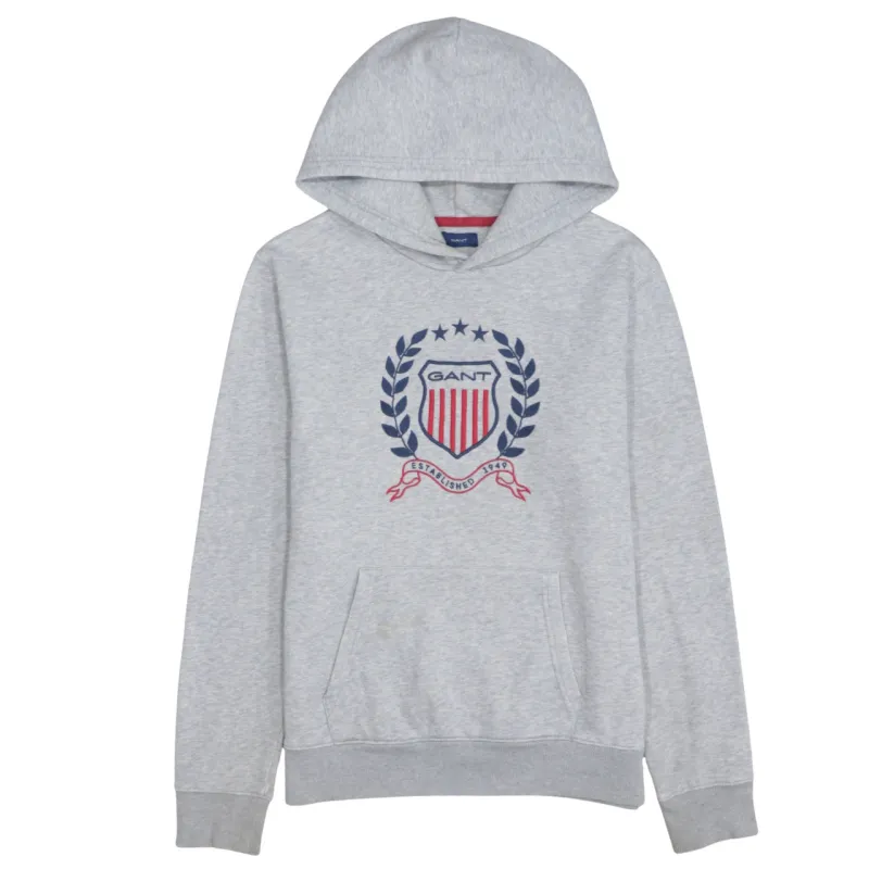 GANT Grey Hoodie Men's Small Crest Printed Logo Front Pocket Pullover Sweatshirt sold by Vintage Club