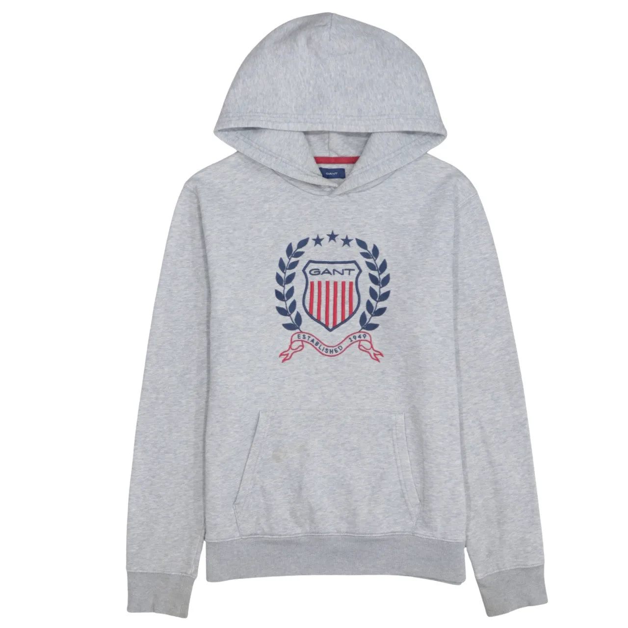 GANT Grey Hoodie Men's Small Crest Printed Logo Front Pocket Pullover Sweatshirt sold by Vintage Club