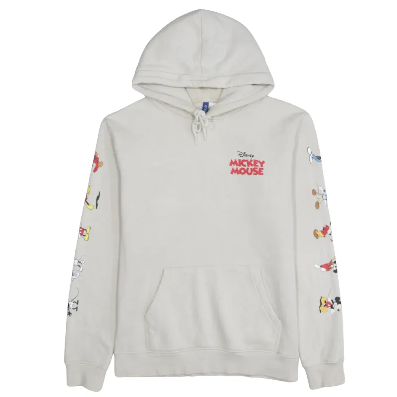 Disney Beige Cream Hoodie Men's Small Printed Mickey Mouse Sleeve Graphics Pullover Sweatshirt sold by Vintage Club