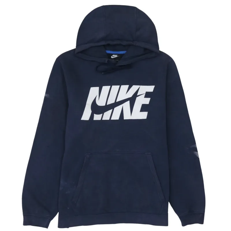 Nike Navy Blue Hoodie Women's Large Printed Logo Front Pocket Pullover Sweatshirt sold by Vintage Club