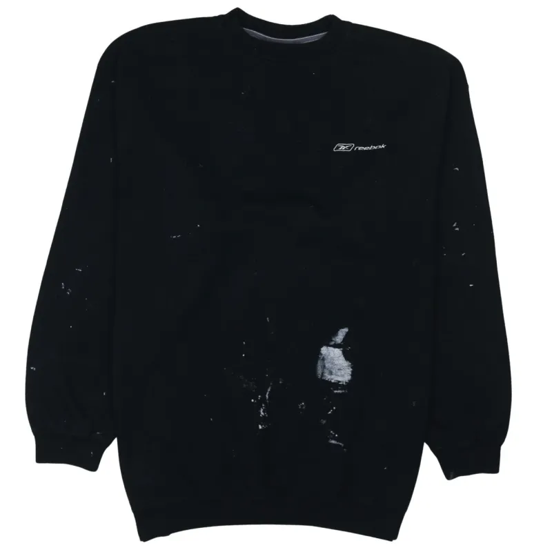 Reebok Black Sweatshirt Men's Large Embroidered Chest Logo Paint Marks Pullover Jumper sold by Vintage Club