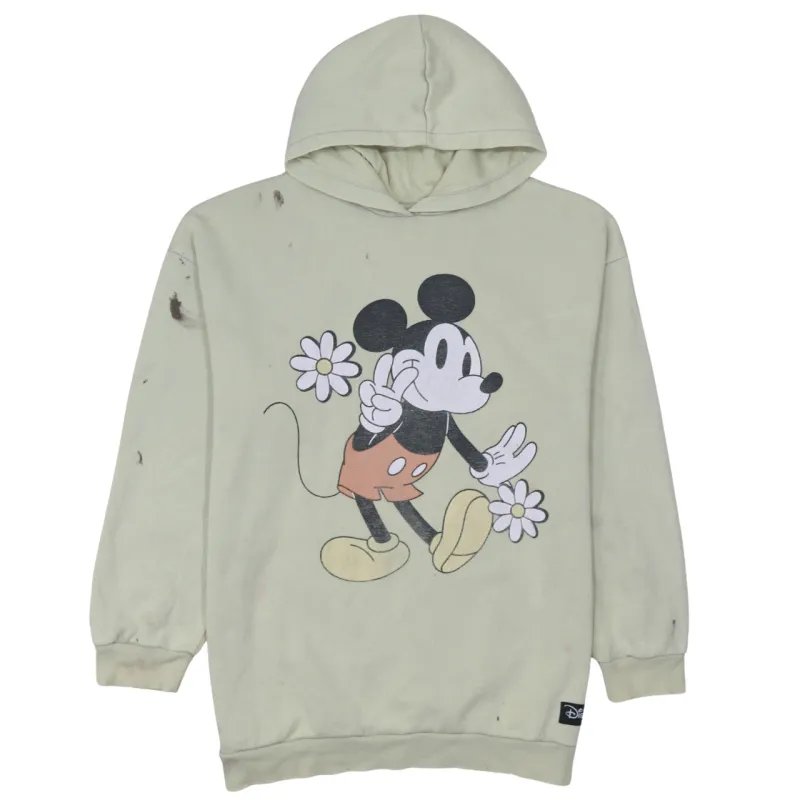 Disney Pale Yellow Hoodie Women’s Medium Printed Mickey Mouse Graphic Fleece Pullover Sweatshirt sold by Vintage Club