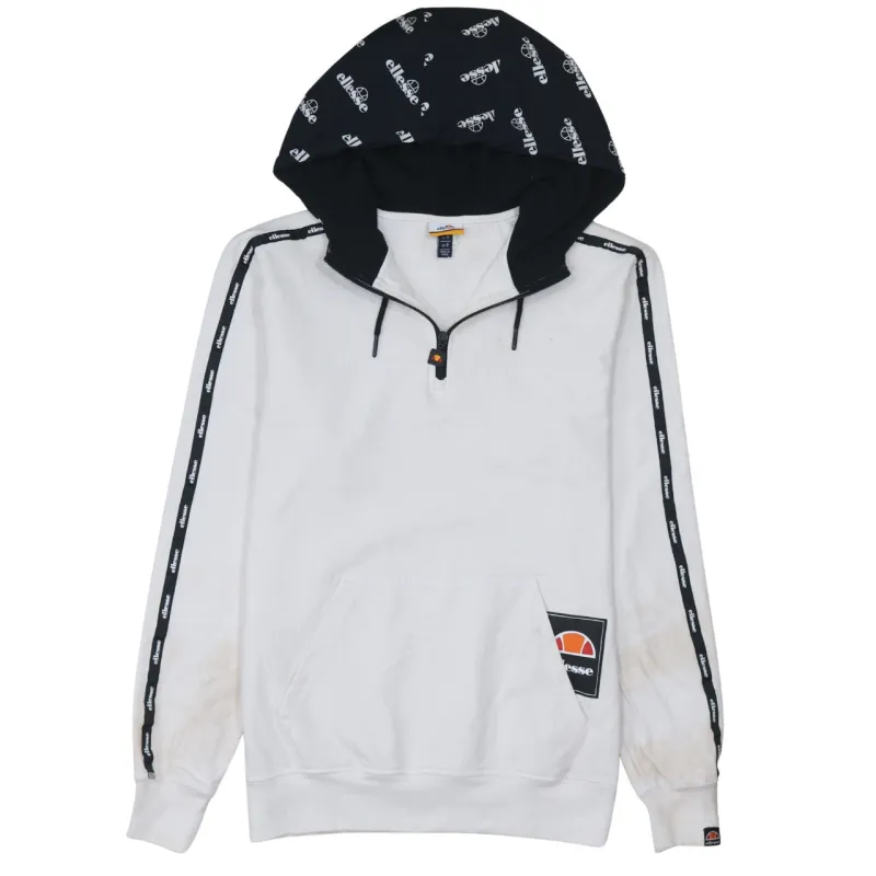 Ellesse White Half Zip Hoodie Men's Small Logo Taped Sleeves Front Pocket Pullover Sweatshirt sold by Vintage Club