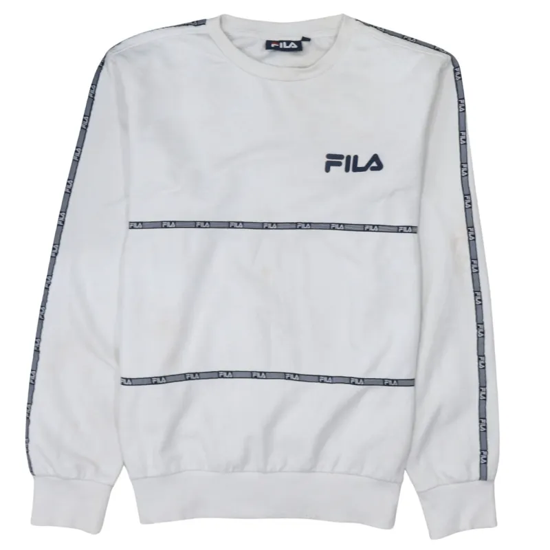 Fila White Sweatshirt Men's Medium Taped Logo Sleeves Embroidered Chest Crewneck Pullover sold by Vintage Club