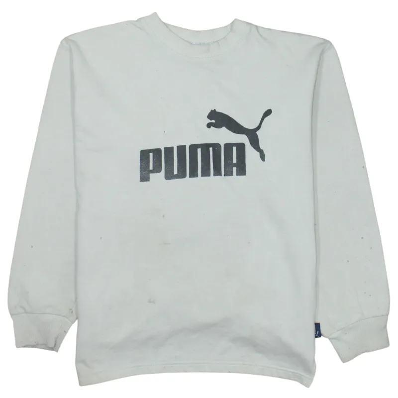 Puma Cream Sweatshirt Women's Medium Printed Big Logo Ribbed Cuffs Crewneck Pullover made by Puma
