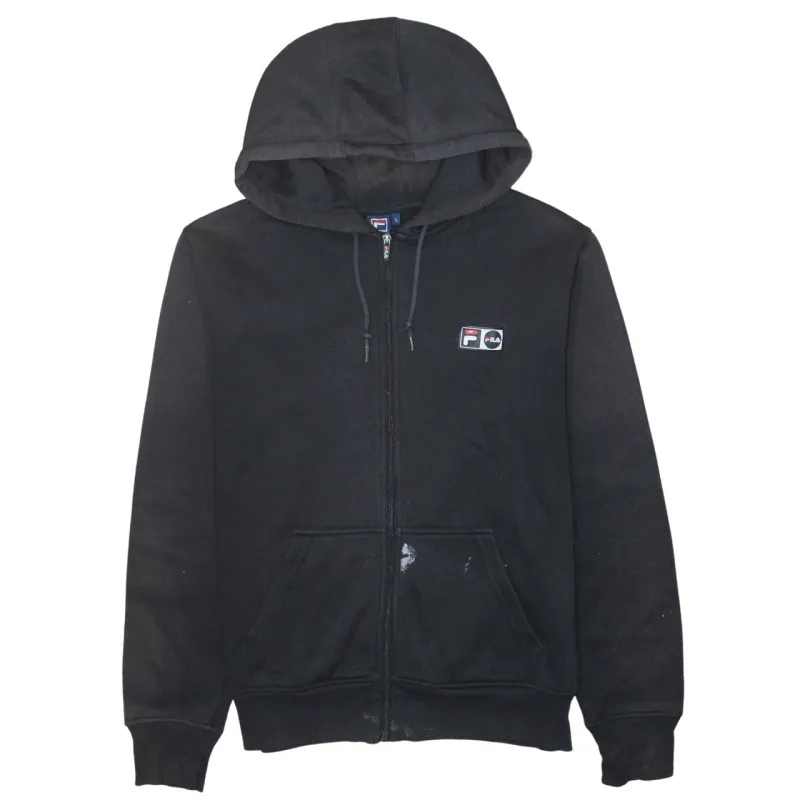 Fila Black Zip Hoodie Women’s Large Embroidered Chest Logo Split Pocket Fleece Sweatshirt made by Fila