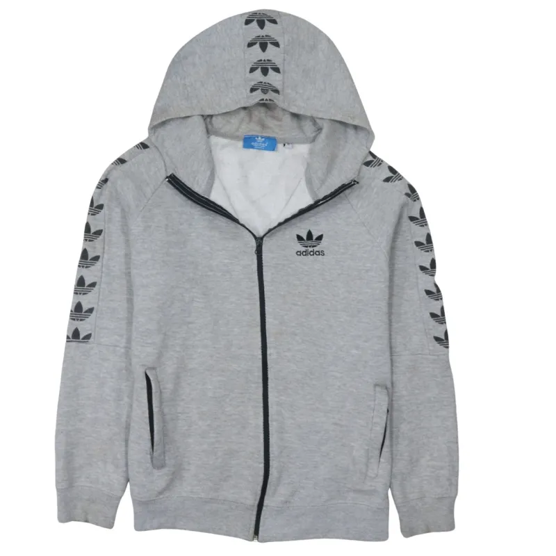 Adidas Grey Hoodie Women’s Medium Trefoil Tape Sleeves Printed Logo Zip Sweatshirt sold by Vintage Club