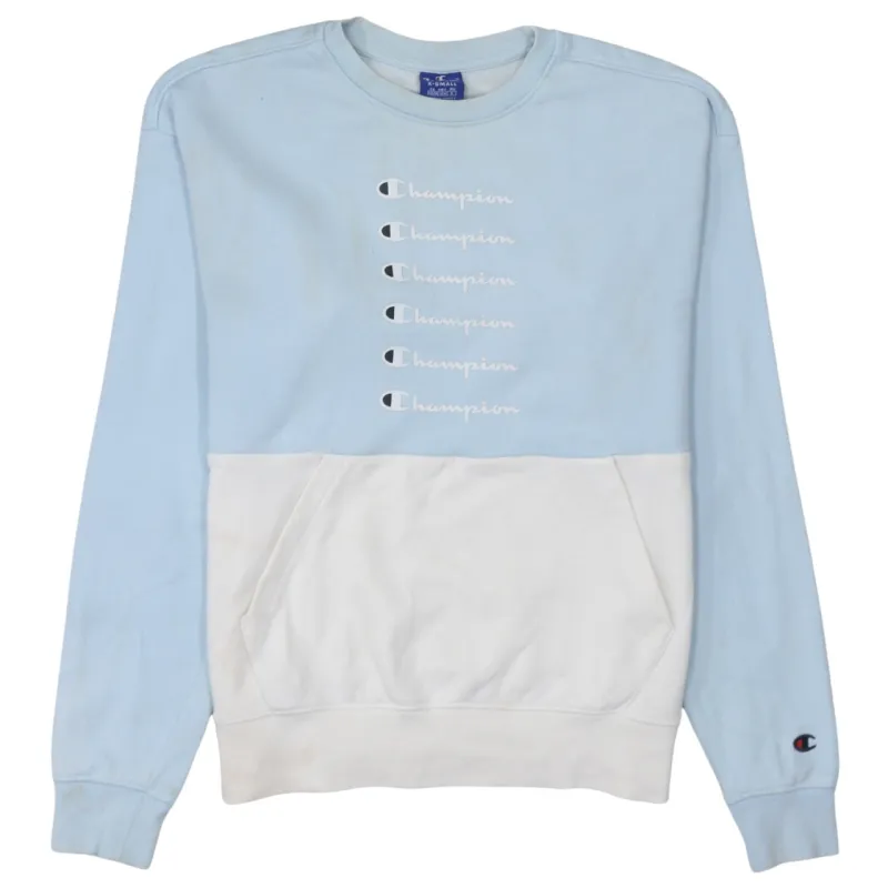 Champion Light Blue White Sweatshirt Men's XSmall Printed Logos Front Pouch Pocket Pullover made by Champion