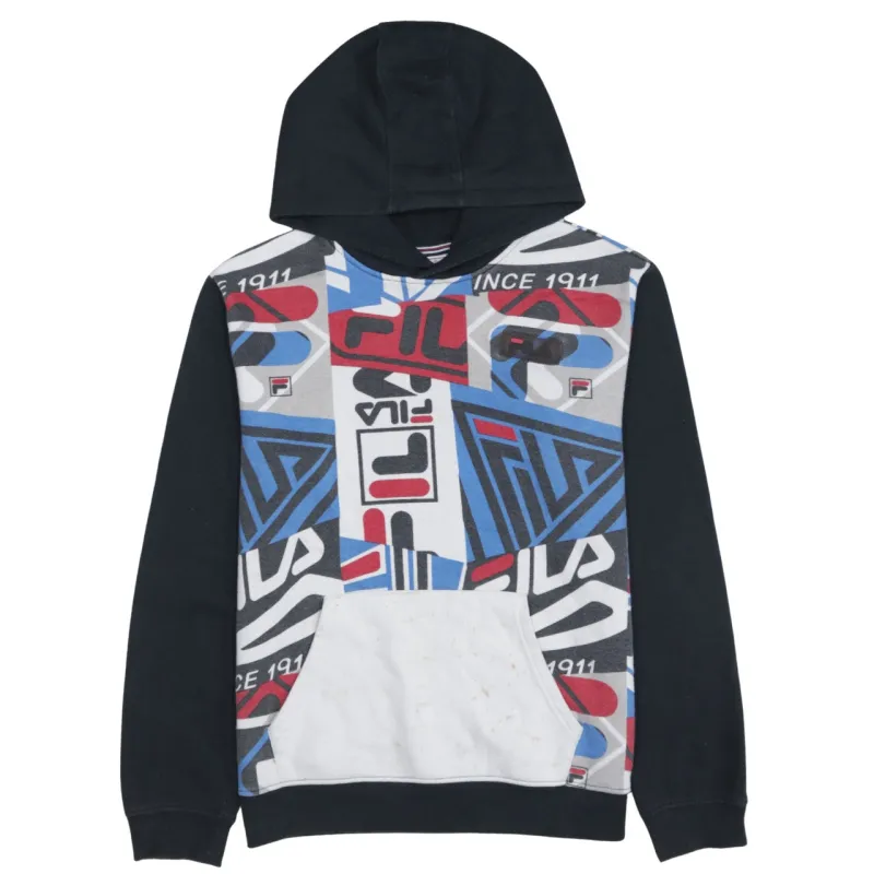 Fila Black Multicolour Hoodie Women’s Large All Over Logo Print Front Pocket Sweatshirt sold by Vintage Club
