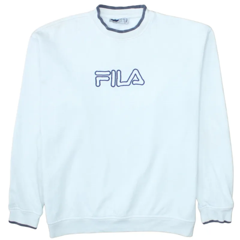 Fila White Sweatshirt Men's Large Embroidered Logo Contrast Collar Cuffs Pullover Top made by Fila
