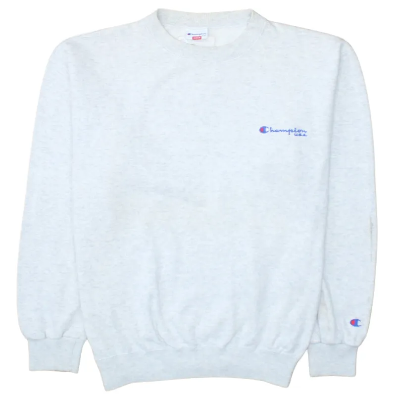 Champion Light Grey Sweatshirt Men's Medium Embroidered Chest Logo Crewneck Pullover Fleece Top sold by Vintage Club