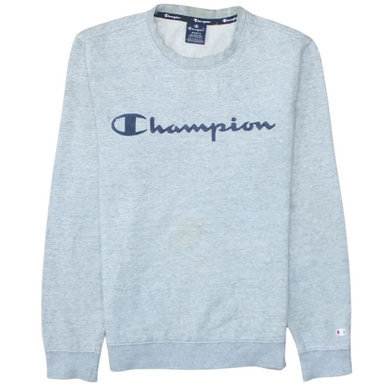 Champion Light Grey Sweatshirt Men's Small Printed Script Logo Crewneck Pullover Top sold by Vintage Club
