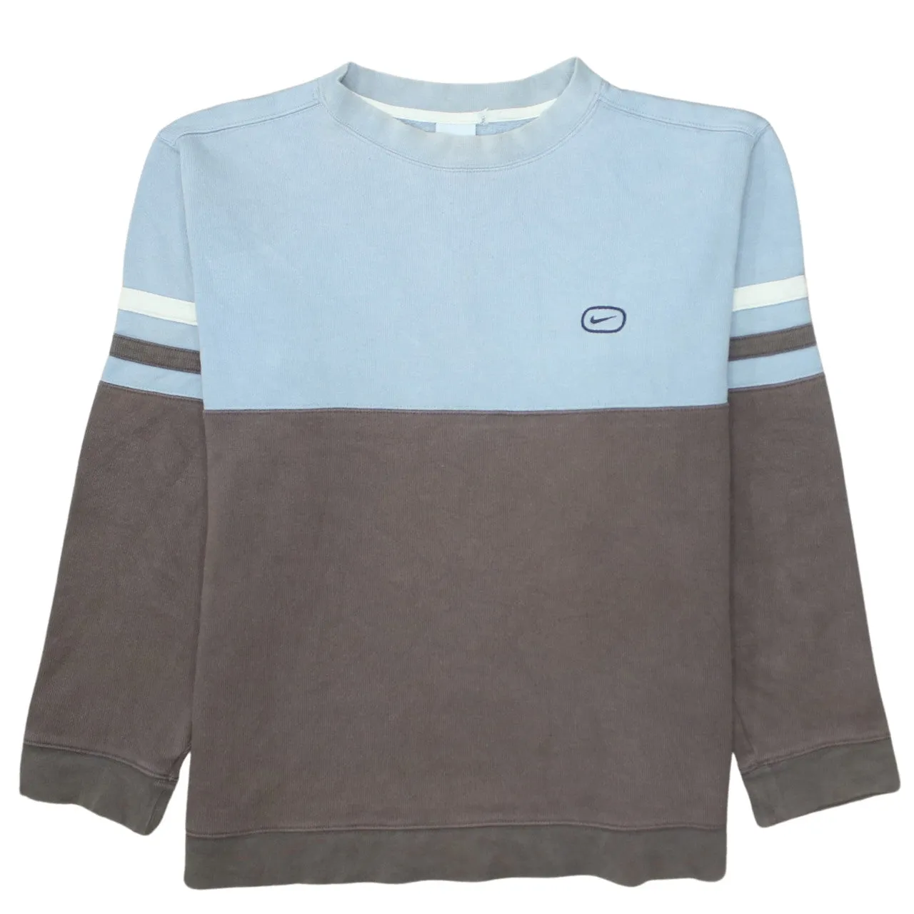 Nike Light Blue Brown Sweatshirt Men's Medium Embroidered Swoosh Stripe Sleeves Pullover Top sold by Vintage Club