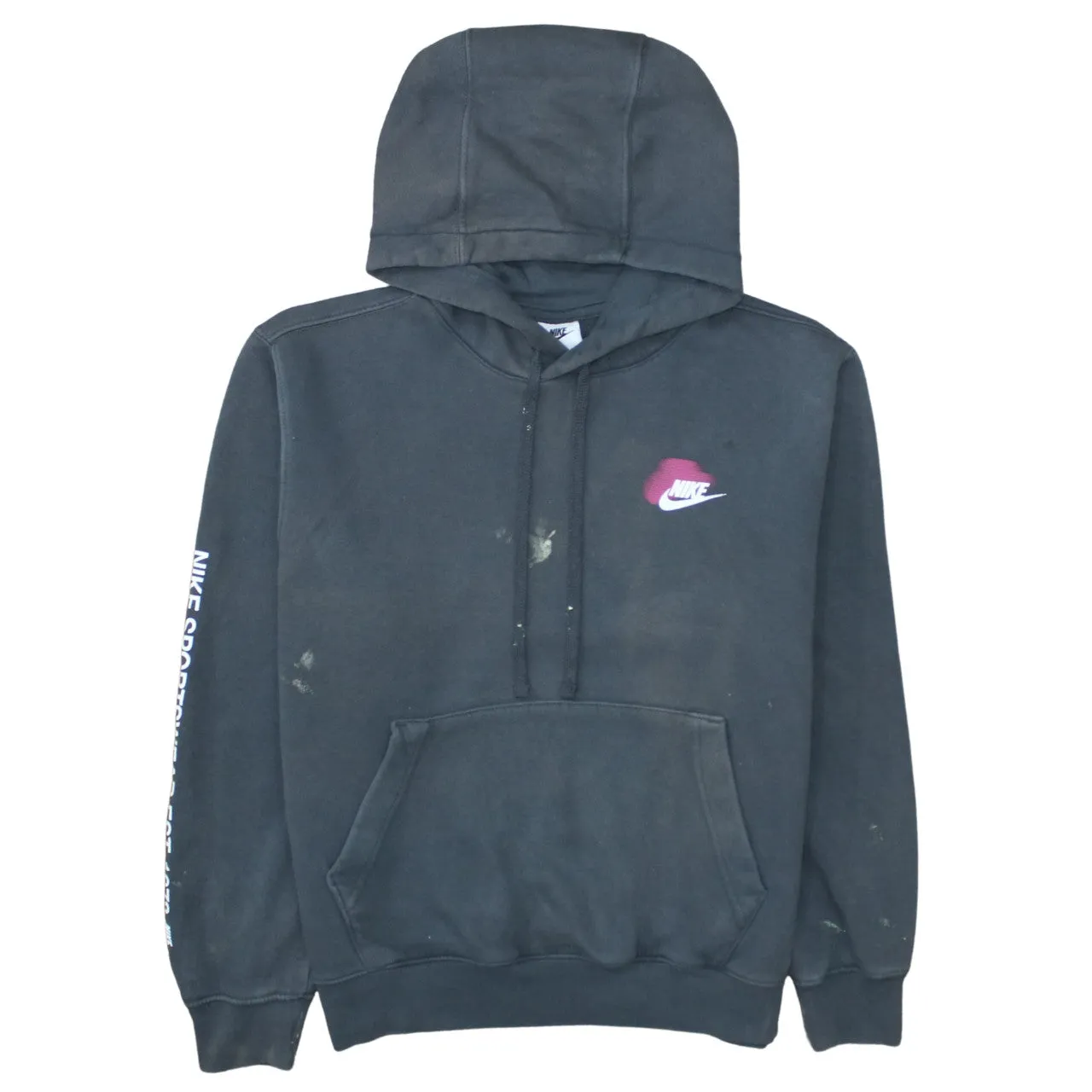 Nike Black Hoodie Men's Small Printed Logo Sleeve Text Pullover Sweatshirt sold by Vintage Club