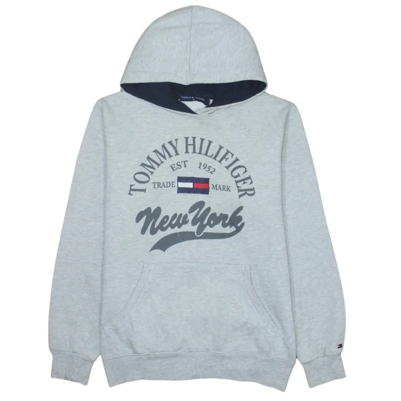 Tommy Hilfiger Grey Hoodie Men's Medium New York Printed Logo Fleece Pullover Sweatshirt sold by Vintage Club