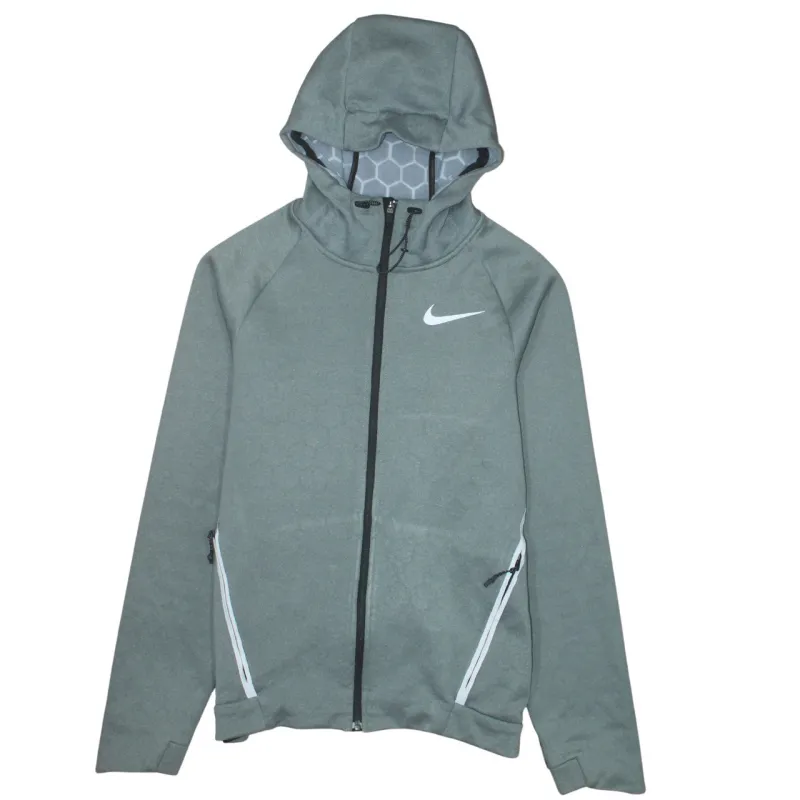 Nike Grey Full Zip Hoodie Men's Small Printed Swoosh Zip Pockets Athletic Jacket sold by Vintage Club
