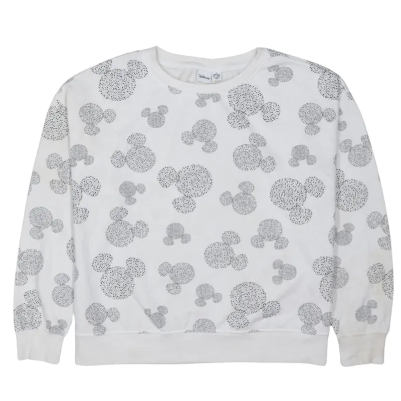 Disney White Mickey Mouse Sweatshirt Women's Medium All Over Print Pullover Fleece Top sold by Vintage Club